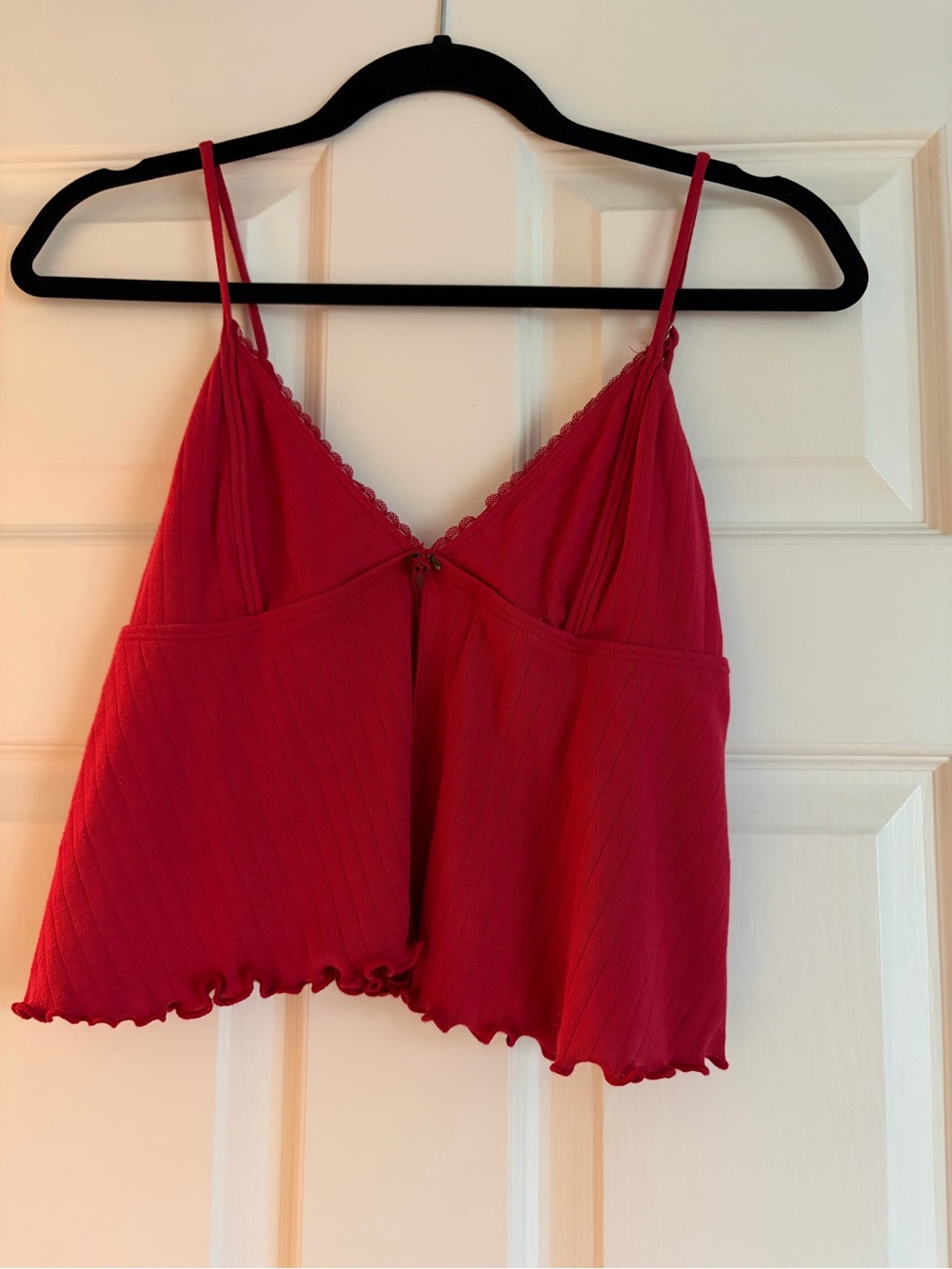 Urban Outfitters Red Ribbed Lettuce-Edge Cami Crop Top with open front